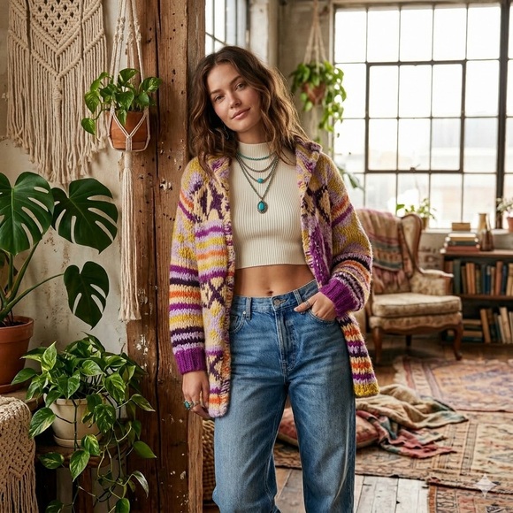 Free People Peggy Cardigan Sunshine Orchid Combo Hooded Boho Sweater S - Picture 4 of 11